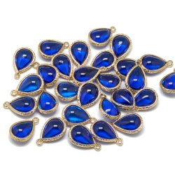 Vergoldeter Glas-Anh&auml;nger, Glatt, Tropfen, dunkelblau, 18x11 mm, 1 Stk. 