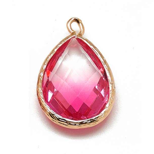 Glass charm, gilded teardrop, clear-pink, 23x15mm, 1pc.