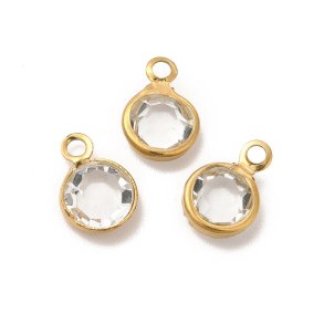 Glass link with one eye, gold plated brass setting, round, clear, 9x6mm, 6pcs