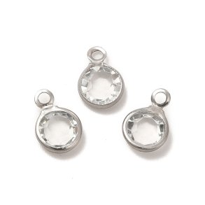 Glass link with one eye, silver plated brass setting, round, clear, 9x6mm, 6pcs