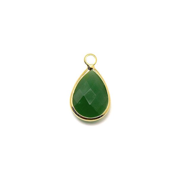 Glass charm, gilded teardrop, cloudy moss-green, 18x11mm, 1pc.