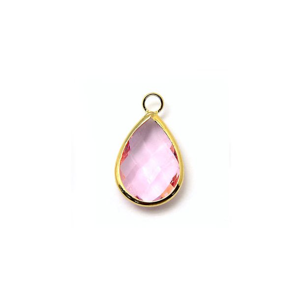 Glass charm, gilded teardrop, light pink, 18x11mm, 1pc.