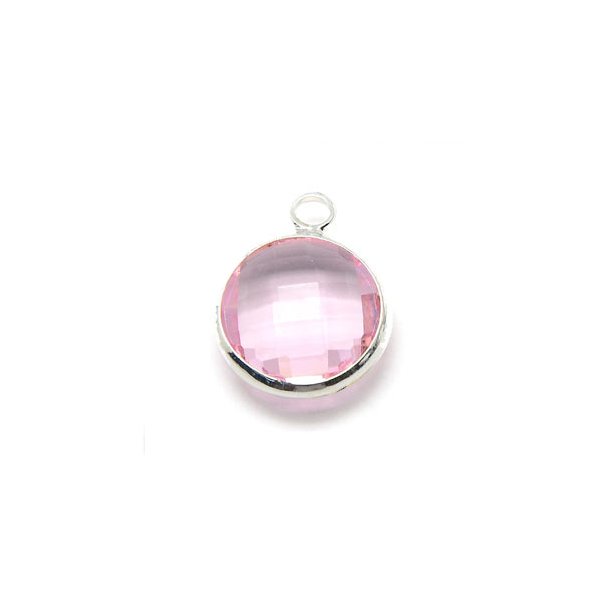 Glass charm, silver plated, round, light pink, 16x13mm, 1pc.