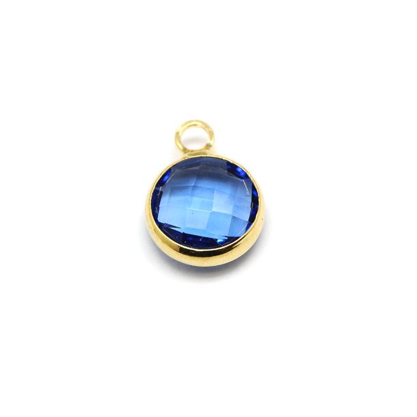 Glass charm, gilded, small, round, clear blue, 11x8.5x3mm, 1pc.