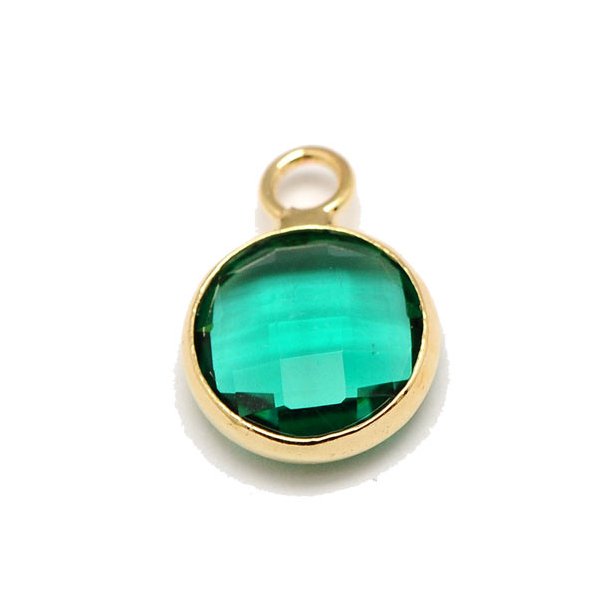 Glass charm, gold-plated, small, round, blue-green, 11x8.5x3mm, 1pc.
