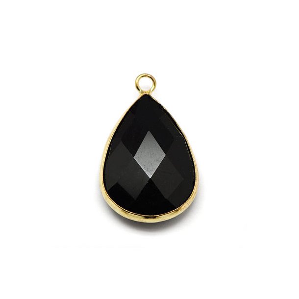Glass charm, gold plated teardrop, opaque black, 18x11mmx5, 1pc.