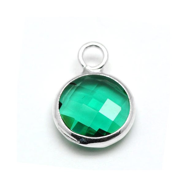 Glass charm, silver-plated, small, round, blue-green, 11x8.5x3mm, 1pc.