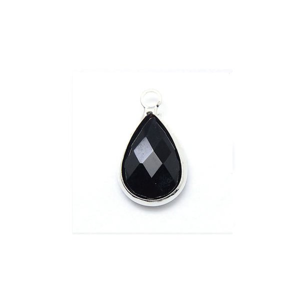 Glass charm, silver plated teardrop, opaque black, 18x11mmx5, 1pc.