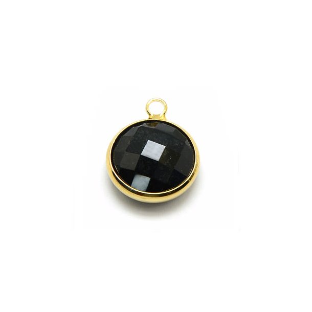 Glass charm, gilded, round, opaque black, 16x13mm, 1pc.