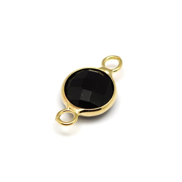 Glass charm, gilded, round, black, 17x13mm, 1pc.