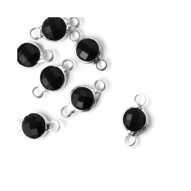 Small glass charm, silver-plated, round, black, 12x7mm, 1pc.