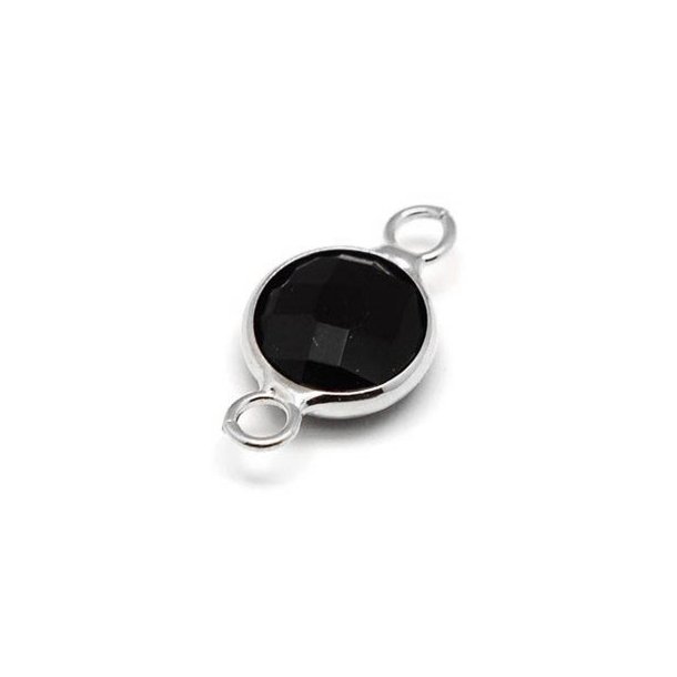 Glass charm, silverplated, round black with two eyes, 17x13mm, 1pc.
