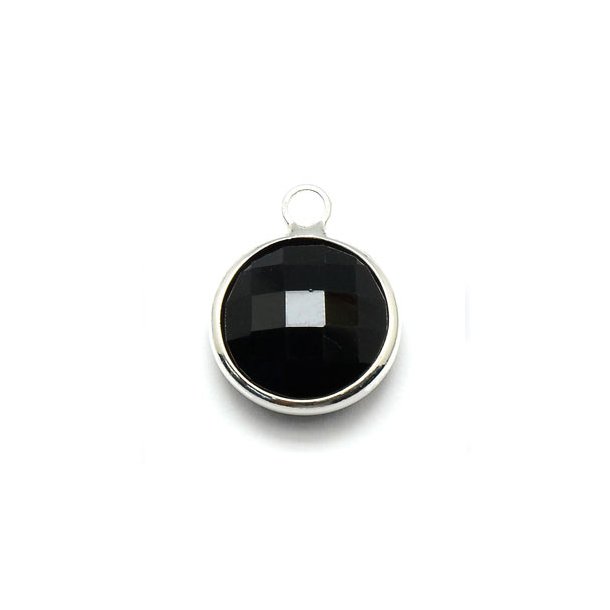 Glass charm, silver plated, round, opaque black, 14x10,5mm, 1pc.