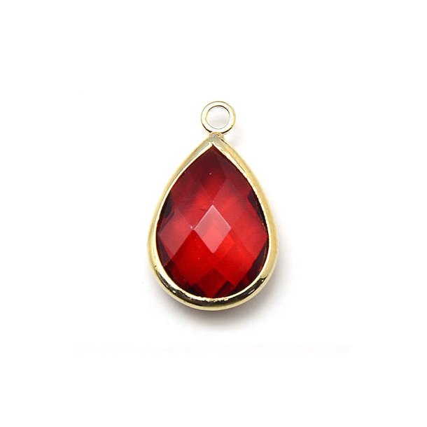 Glass charm, gilded teardrop, red, 18x11mm, 1pc.