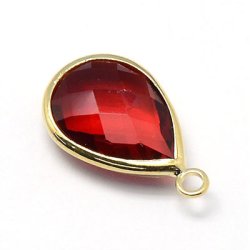 Vergoldeter Glas-Anh&auml;nger, Tropfen, rot, 18x11 mm, 1 Stk.