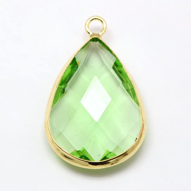 Glass charm, gilded teardrop, light green, 18x11mm, 1pc.