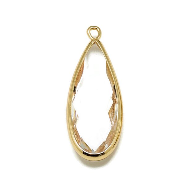 Glass charm, gilded teardrop, clear, 37x14mm, 1pc.
