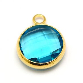 Vergoldeter Glas-Anh�nger, klein, rund, t�rkis-blau, 11x8,5 mm, 1 Stk.
