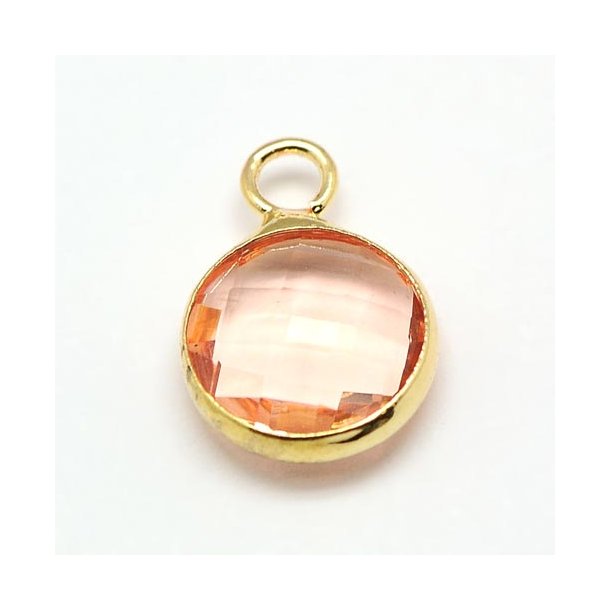 Glass charm, gilded, small, round, rose peach, 11x8.5x3mm, 1pc.