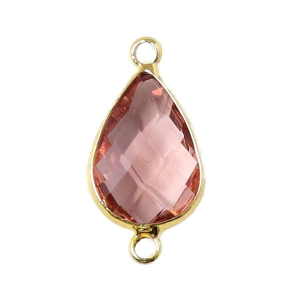 Glass charm, Goldplated drop, 2 loops, rose peach, 21x10.5mm, 1pc