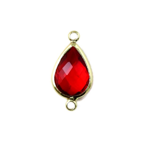 Glass charm, Goldplated drop, 2 loops, red, 21x10.5mm, 1pc