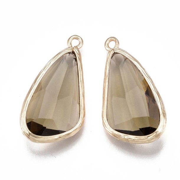 Glass charm, gilded teardrop, smokey , 28x14 mm, 1pc.