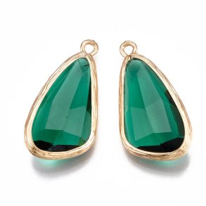 Glass charm, gilded teardrop, green, 28x14 mm, 1pc.