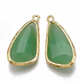 Glass charm, gilded teardrop, light green, 28x14 mm, 1pc.
