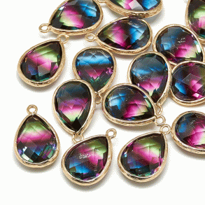 Glasanhänger, vergoldeter Tropfen, indigo, 23x15 mm, 1 Stück.