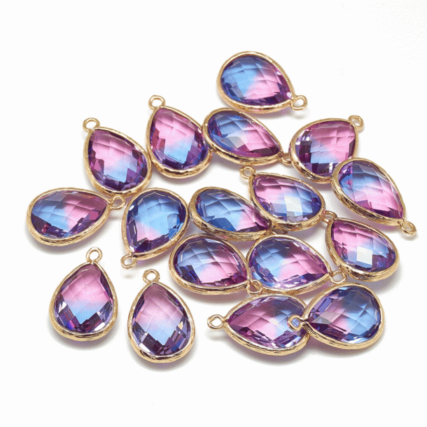 Glass pendant, gold-plated drop, Blue/Purple, 23x15 mm, 1 piece.
