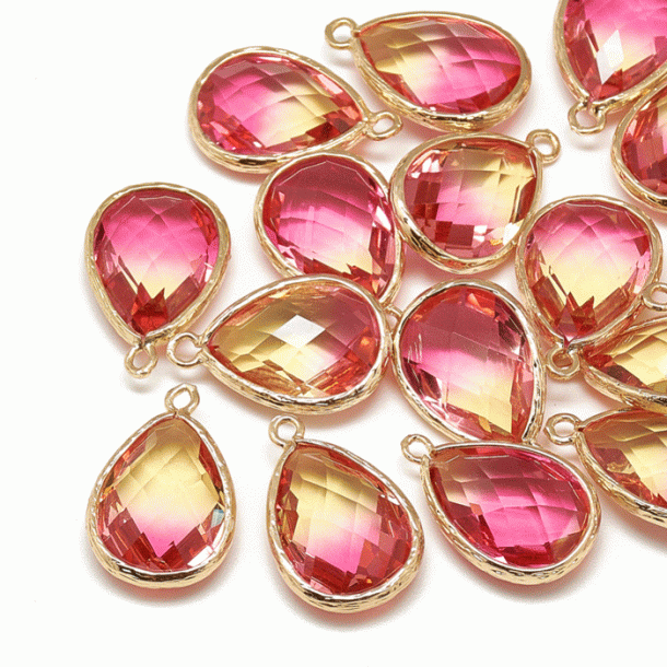 Glasanh&auml;nger, vergoldeter Tropfen, gelb/rosa, 23x15 mm, 1 St&uuml;ck.