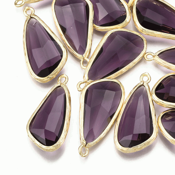  Glass pendant, gold-plated drop, dark purple, 28x14 mm, 1 piece.