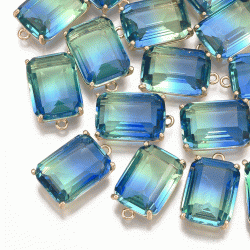 Glasanh&auml;nger, Blau, Messing, facettiert, rechteckig, 21x13 mm, 1 Stk