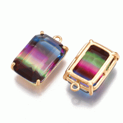 Glasanh&auml;nger, indigo, Messing, facettiert, rechteckig, 21x13 mm ,1 Stk