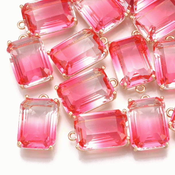 Glasanh&auml;nger, Klar/Rosa, Messing, facettiert, rechteckig, 21x13 mm, 1 Stk