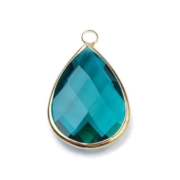 Glass charm, gilded teardrop, turquoise-blue, 18x11mm, 1pc.