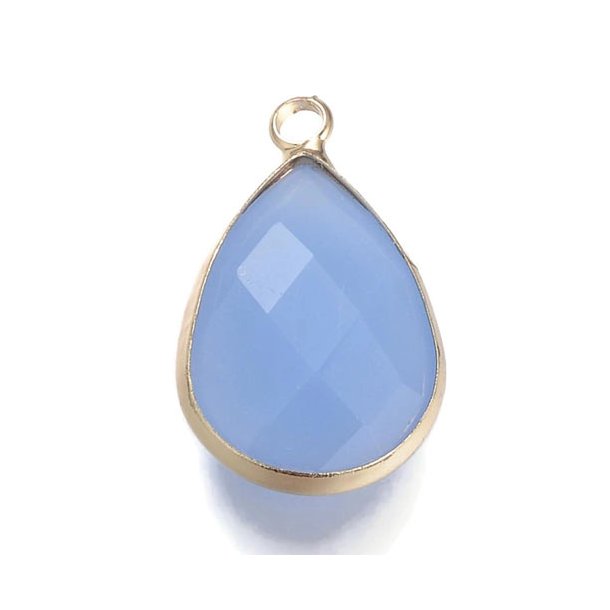Glass charm, gilded teardrop, cloudy, baby blue, 18x11mm, 1pc.
