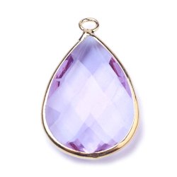 Vergoldeter Glas-Anh&auml;nger, Tropfen, klare helles lila, 18x11 mm, 1 Stk.