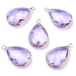 Vergoldeter Glas-Anh&auml;nger, Tropfen, klare helles lila, 18x11 mm, 1 Stk.