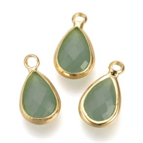 Glass charm, gilded teardrop, opaque, dusty green, 18x11mm, 1pc
