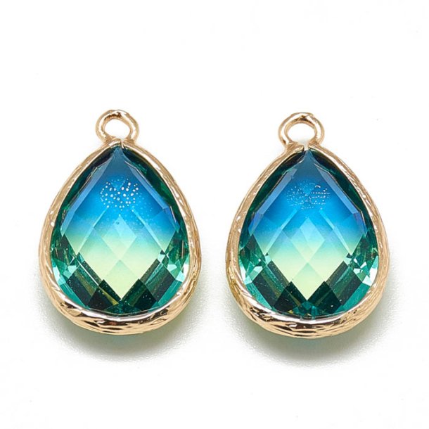 Glass charm, gilded teardrop, blue and green, 23x15mm, 1pc.