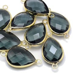 Vergoldeter Glas-Anh&auml;nger mit 2 &Ouml;sen, Tropfen, grau, 21x10,5x5 mm, 1 Stk