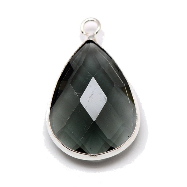 Glass charm, silver plated teardrop, gray, 18x11x5mm, 1pc.