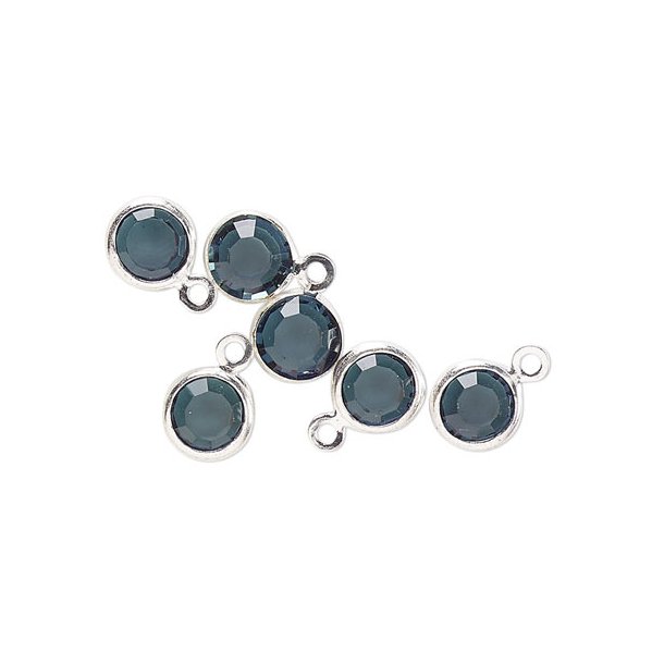 Glass link with 1 eye, silver  plated brass setting, round, dark blue-grey, 9x6mm, 6pcs