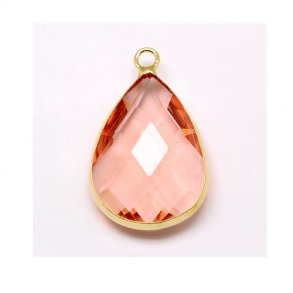 Glass charm, gilded teardrop pendant, misty rose, 18x11mm, 1pc.
