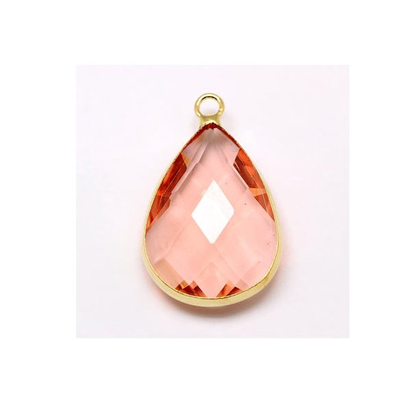 Glass charm, gilded teardrop pendant, misty rose, 18x11mm, 1pc.
