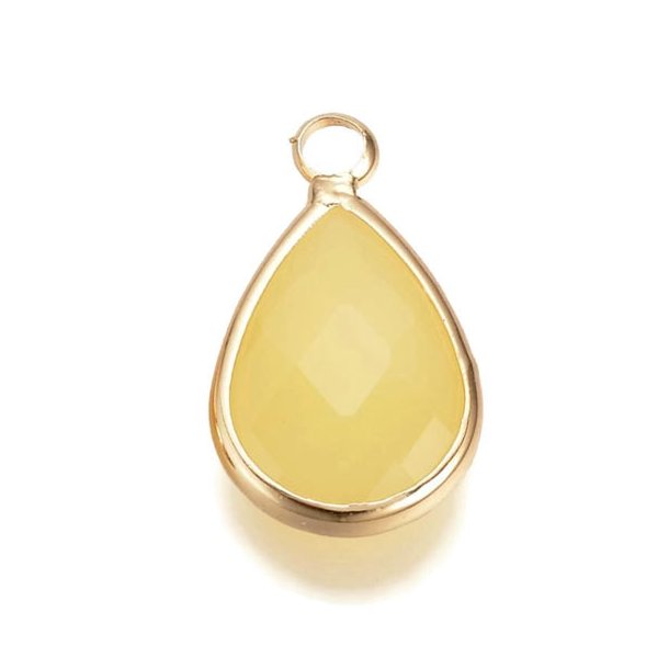 Glass charm, gilded teardrop, opaque, champagne yellow, 18x11mm, 1pc