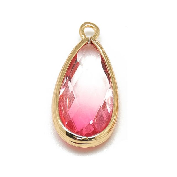 Glass charm, gilded teardrop, clear-pink, 25x12mm, 1pc.