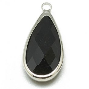 Glass charm, silver plated teardrop, black, 23x11mm, 1pc.