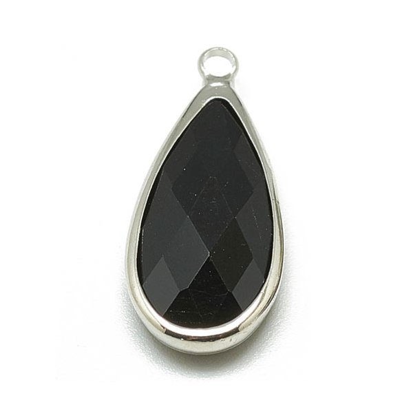 Glass charm, silver plated teardrop, black, 23x11mm, 1pc.